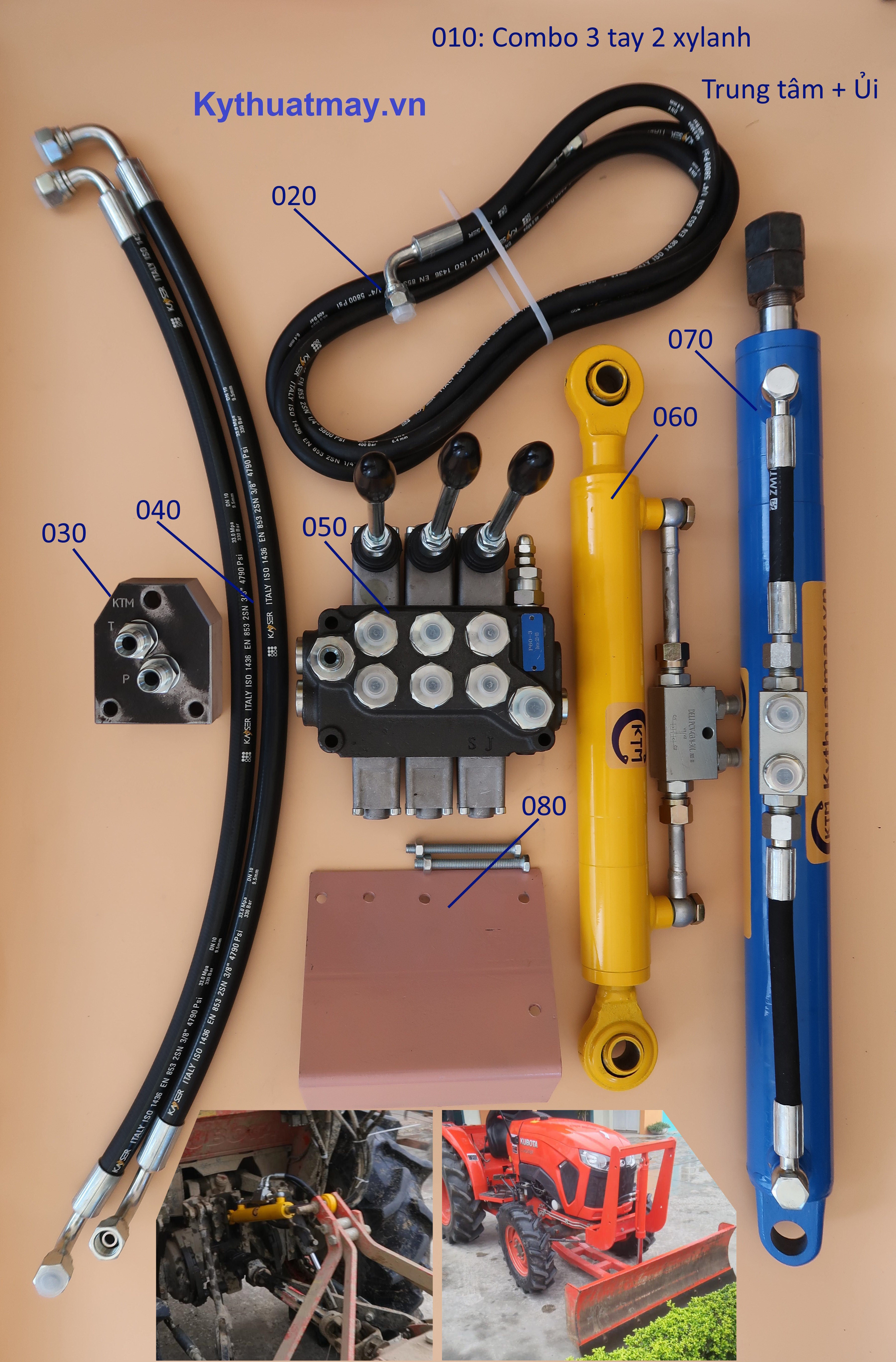 Combo van 3 tay 2 xylanh trung tâm ủi gia đỡ dây ren đầy đủ